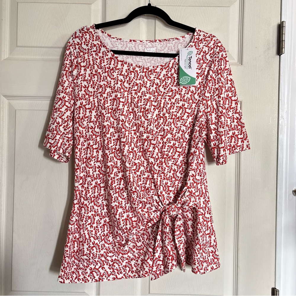 Lands End Tie Front Blouse Cotton Tencel Red White Patterned Short Sleeve Top - Picture 2 of 12